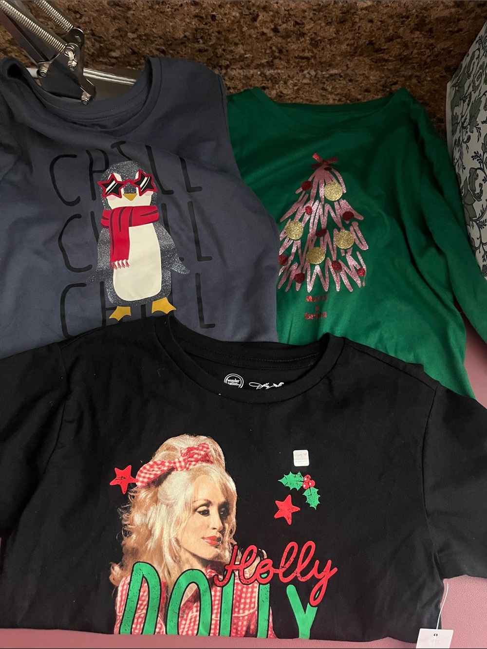 Holiday Graphic Kids Top - Green Christmas Tree and penguin Design Dolly shirt